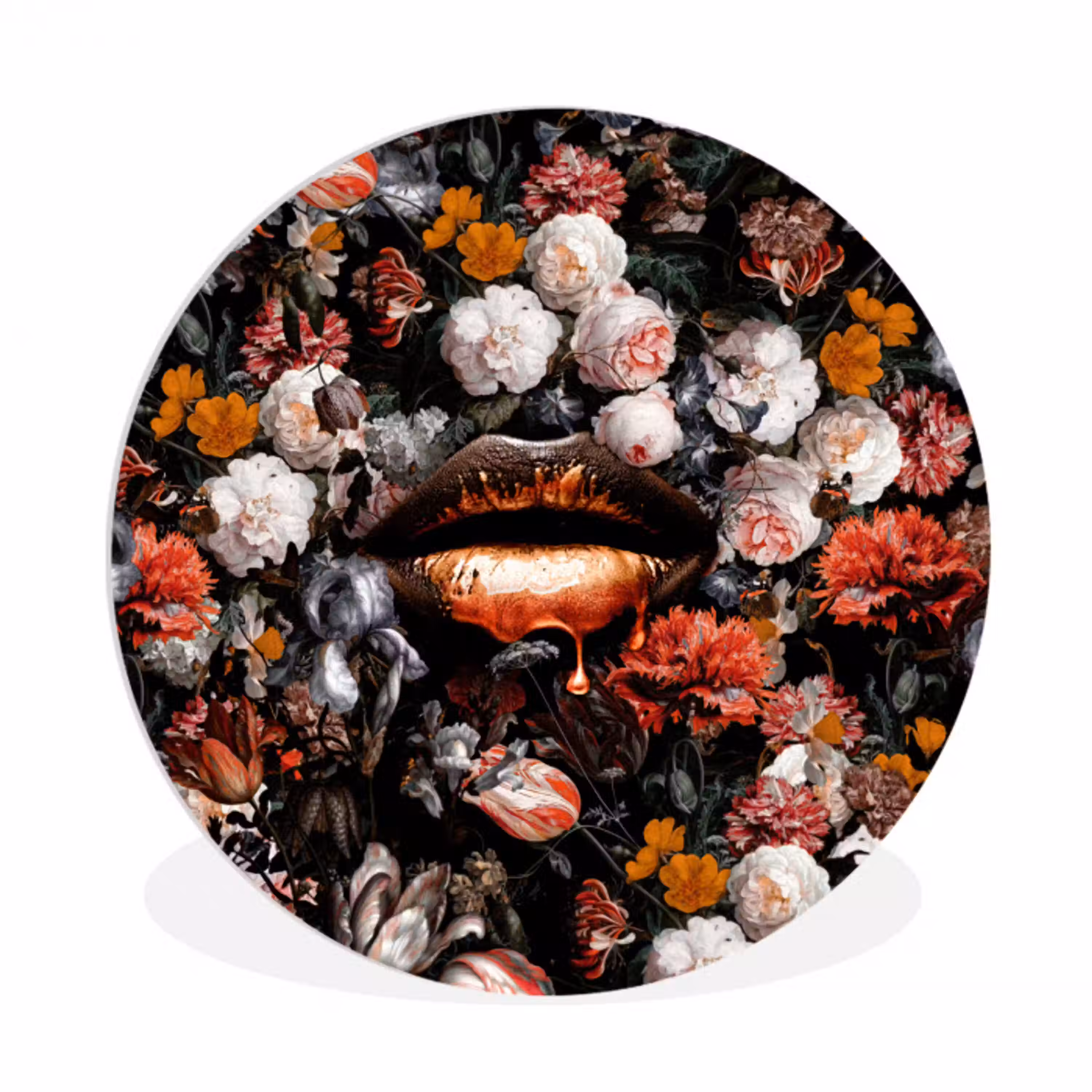 Lippen - Bloemen - Verf - Oranje - Kunst - Abstract - Oude meesters Wandcirkel kunststof plaat 5mm dik klein -3d