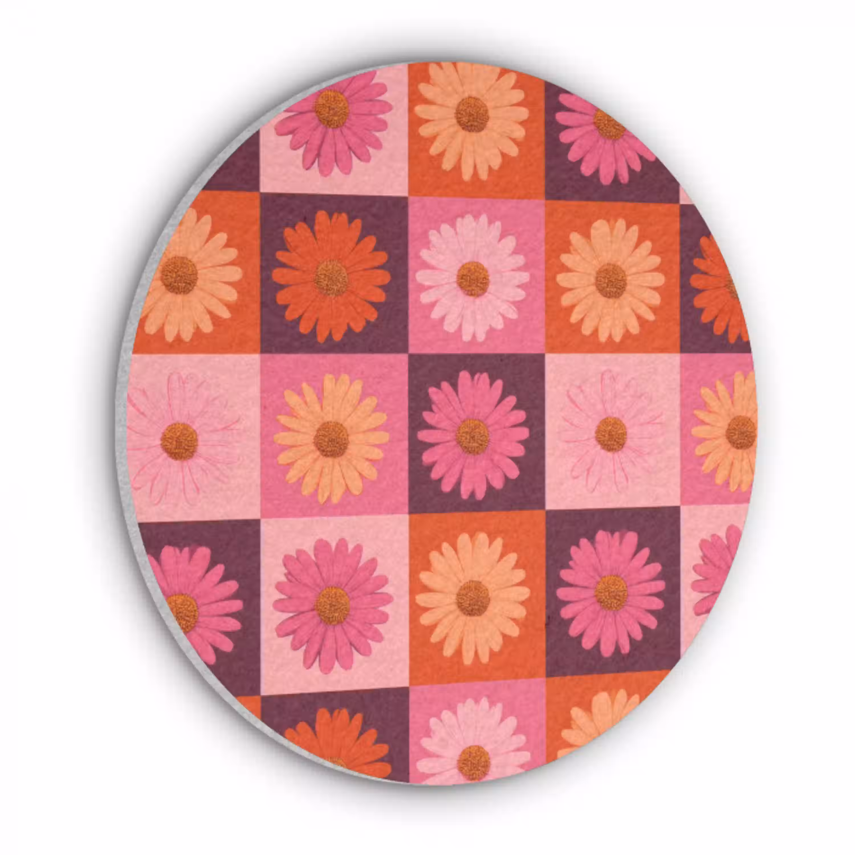 Madeliefjes - Dambord - Retro - Roze - Oranje Akoestische PET Vilt - Rond klein 838 -3d