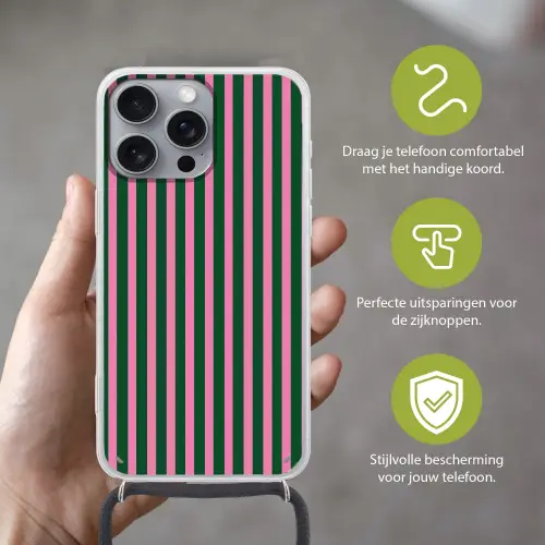 Verticale strepen - Groen - Roze Hoesje iPhone 16 Pro Max met koord klein 804 -sfeer2_NL