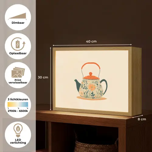 Oranje - Theepot - Bloemen - Bladeren Light Box met batterij (Wandlamp) middel -USP_websiteoverzichtNL