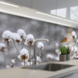 Roodborstje - Gedroogde bloem - Sneeuw - Winter - Vertederend keuken achterwand 2 middel -3d_schuin