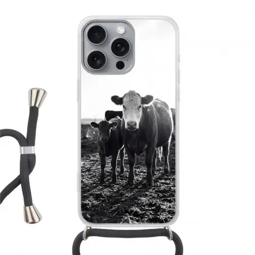 Koeien - Zwart - Wit Hoesje iPhone 16 Pro Max met koord klein -3d