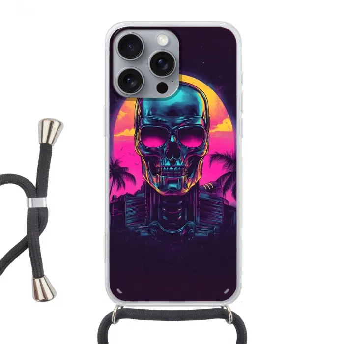 Palmbomen - Hoofd - Metallic - Zonsondergang Hoesje iPhone 16 Pro Max met koord klein -3d