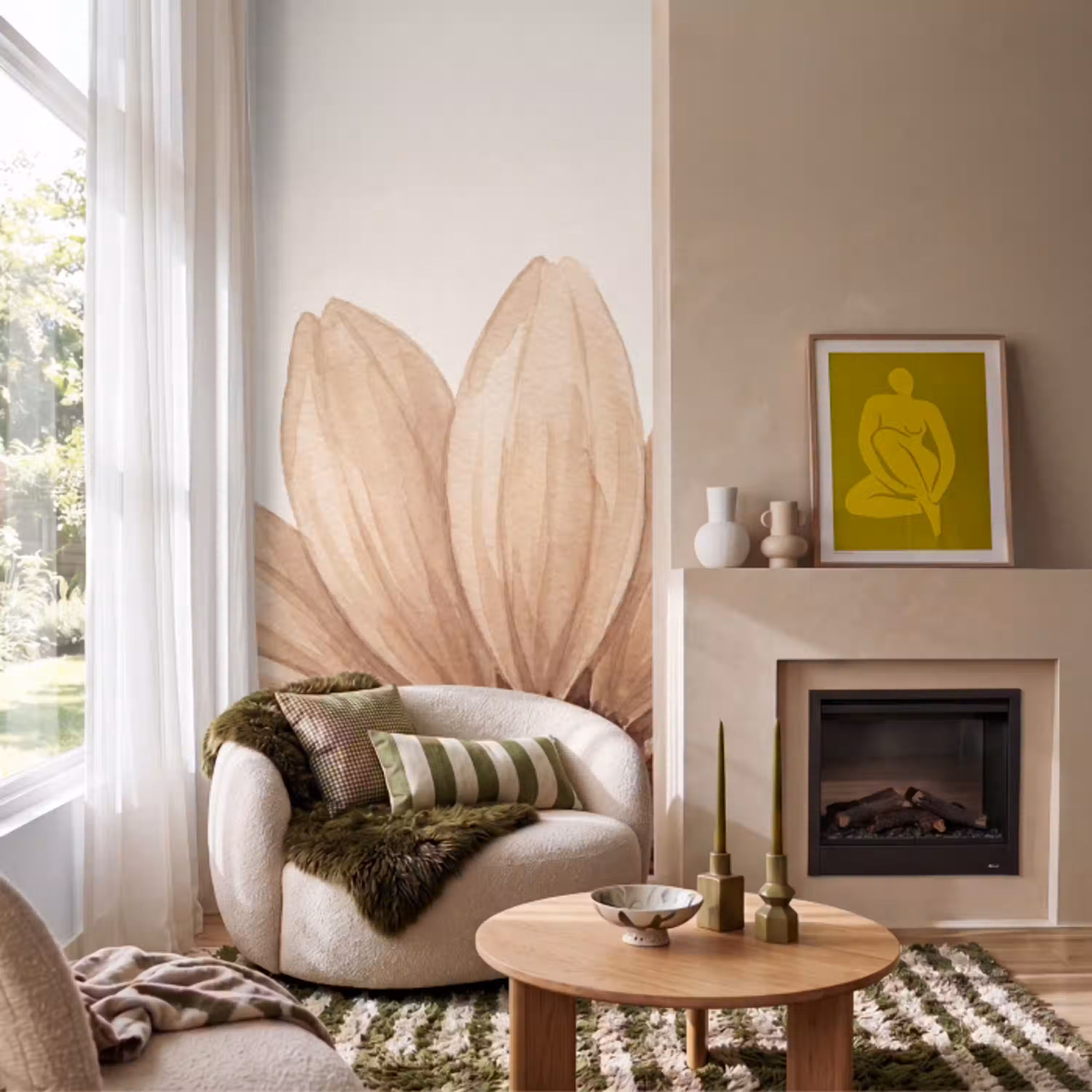 Bloemen - Bloemblad - Natuur - Aquarel - Beige Behang Vlies klein -sfeer2