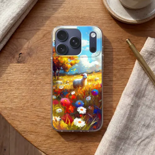 Schaap - Weide - Bloemen Telefoonhoesje iPhone 17 Pro klein -sfeer1