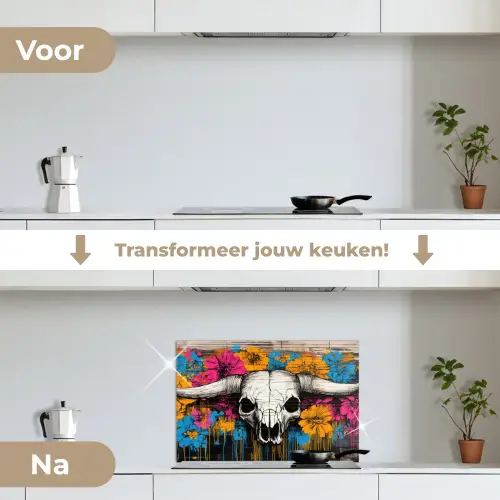 Schedel - Bloemen - Graffiti keuken achterwand spatscherm klein -voor_na_NL