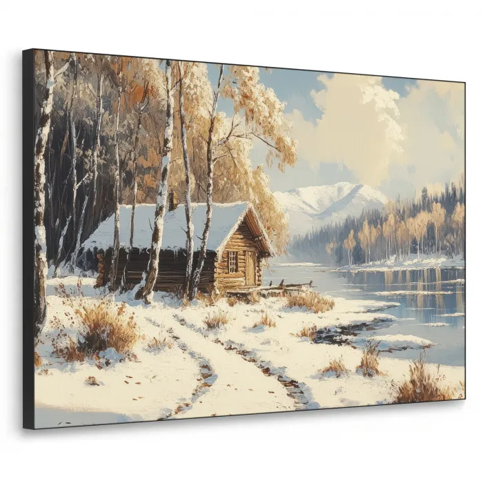 Winter - Sneeuw - Huis - Natuur Textielframe zwart klein -3d