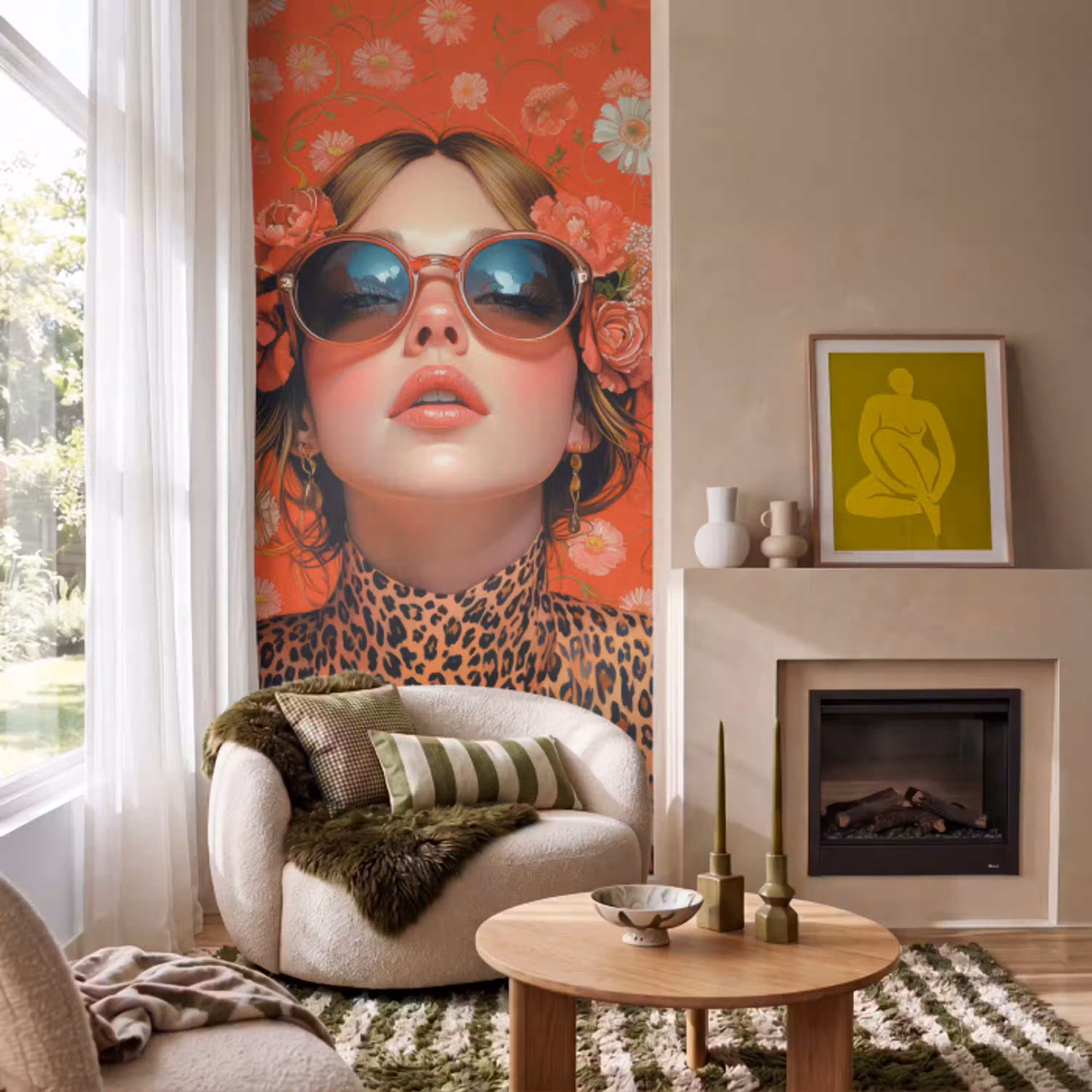 Vrouw - Kleurrijk - Dierenprint - Bloemen Behang Vlies klein -sfeer2