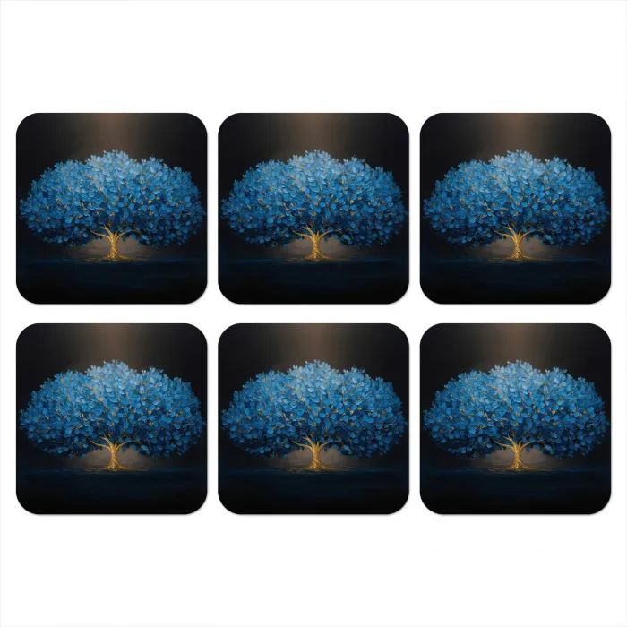 Boom - Blauw - Bladeren - Penseelstreken onderzetter kurk middel -3d