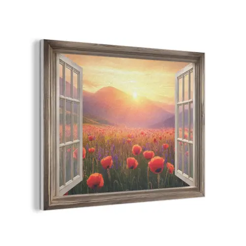 Doorkijk - Klaprozen - Bloemen - Rood - Open raam PET vilt klein -3d