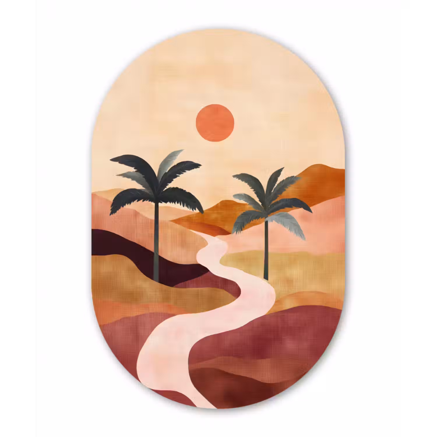 Glasbild Oval - Hügel - Palmen - Abstrakt