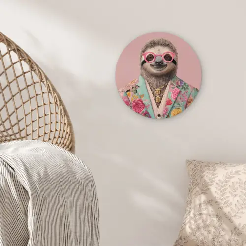 Luiaard - Bloemenprint - Bril - Roze Wandcirkel kunststof plaat 5mm dik klein -sfeer5