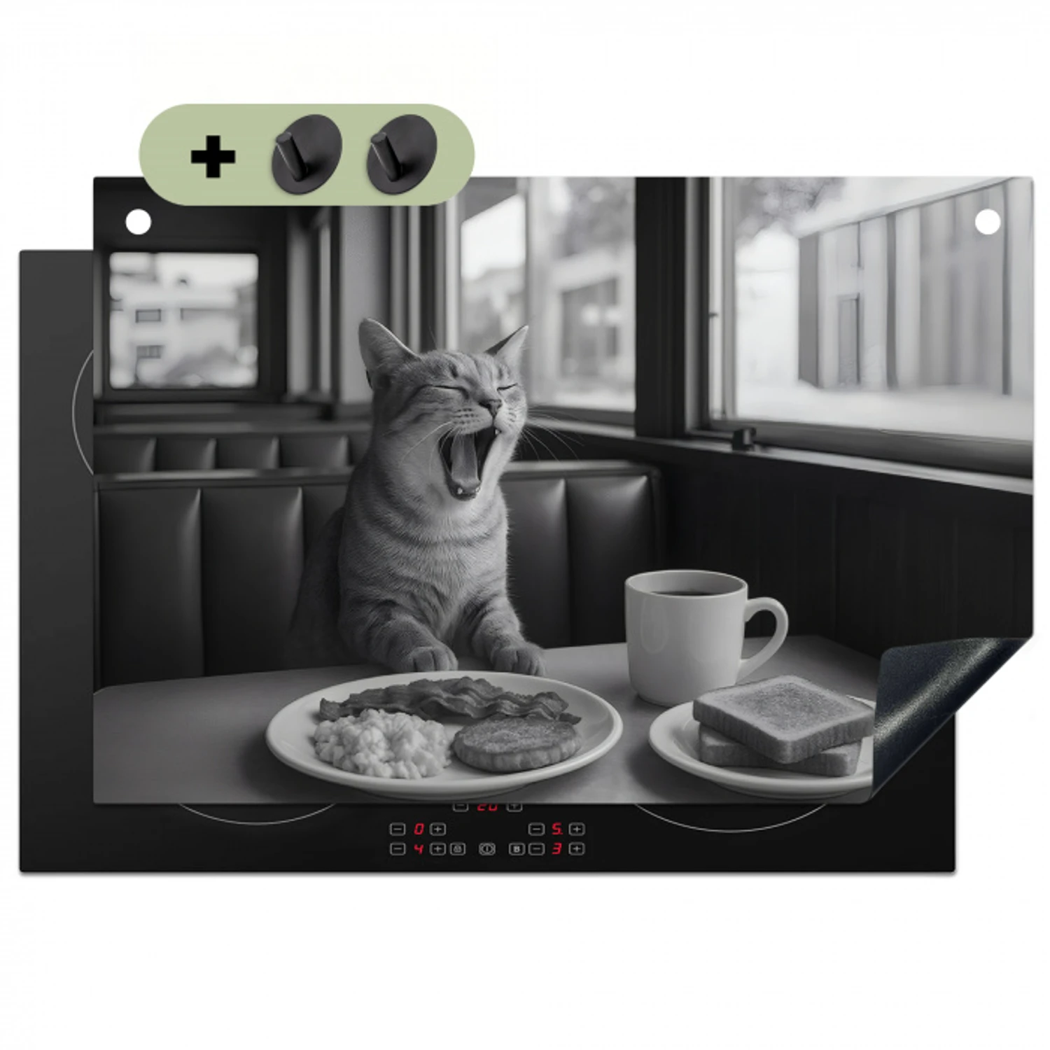 Kat - Koffie - Brood - Zwart Inductie beschemer met haakjes klein -3d