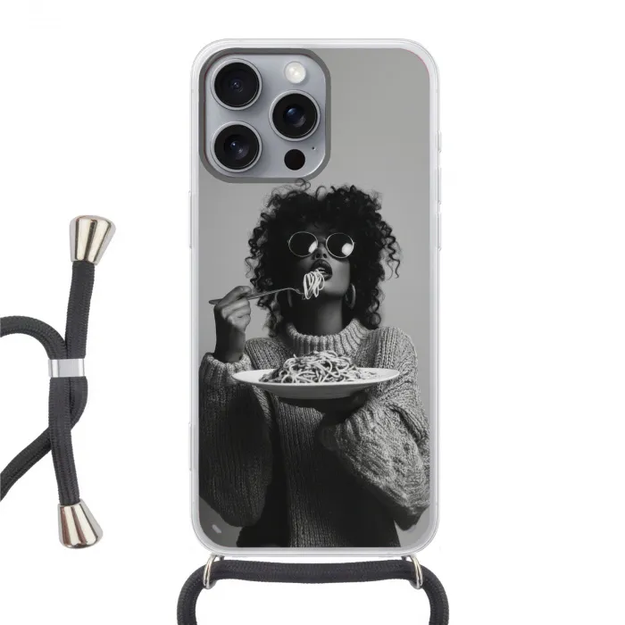 Vrouw - Pasta - Zwart - Wit Hoesje iPhone 16 Pro Max met koord klein -3d