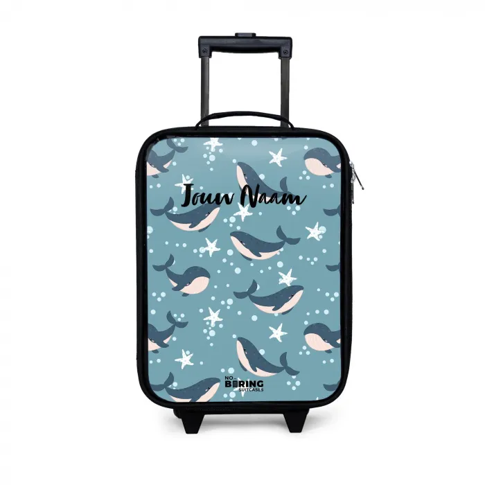 Walvissen met zeesterren patroon blauw Kinderkoffer - Zwart klein -3d