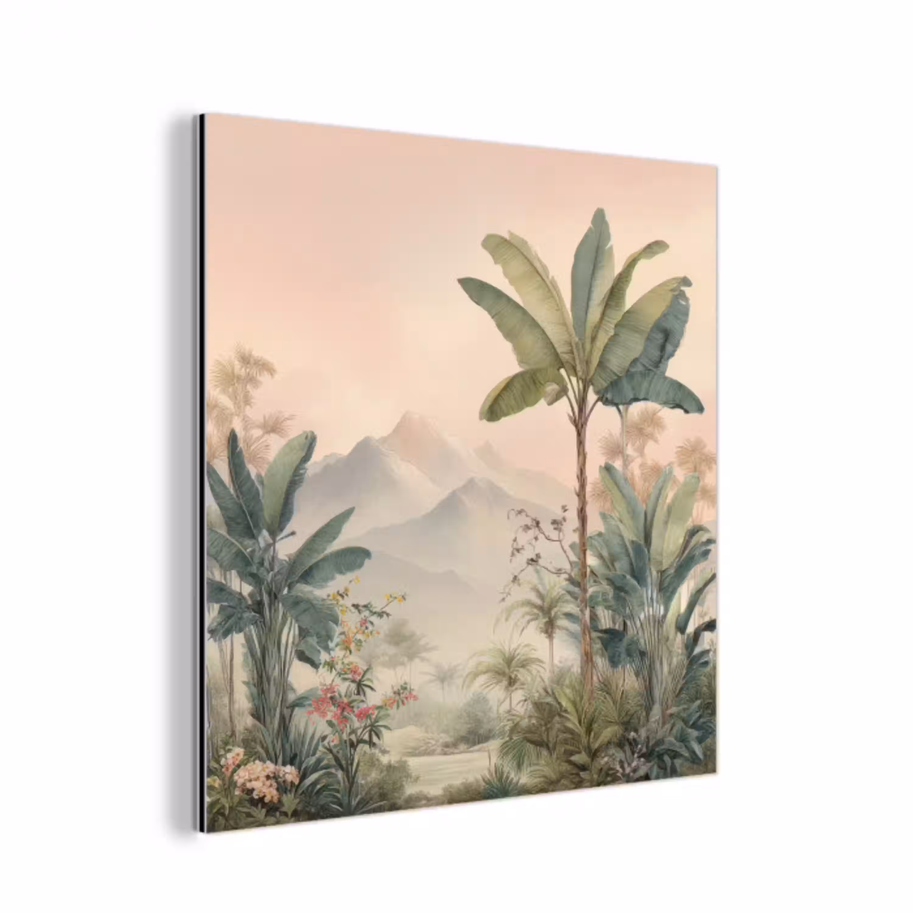 Tropisch landschap - palmbomen - Bloemen - Roze lucht aluminium wit klein -3d
