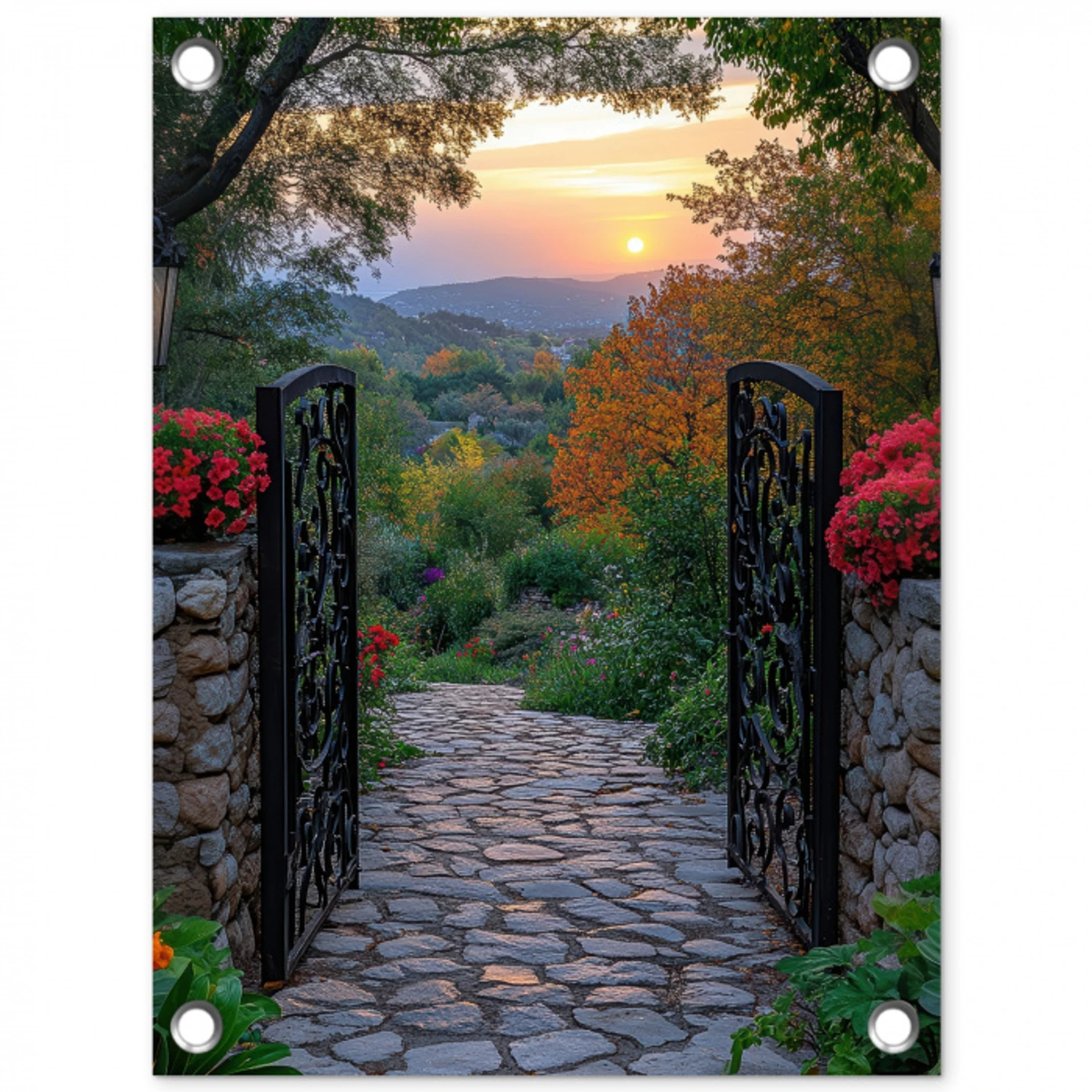 Landschap - Hek - Pad - Zonsondergang - Natuur tuinposter los doek klein -3d