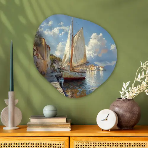 Zeilschip - Huizen - Kade - Zee Wandcirkel Organisch Plexiglas middel -sfeer2