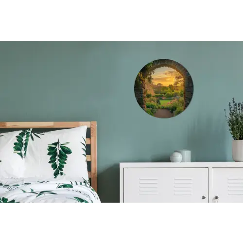 Poort - Planten - Zonsondergang Wandcirkel aluminium klein -slaapkamer