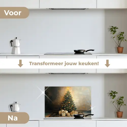 Kerstboom - Cadeaus - Goud keuken achterwand spatscherm klein -voor_na_NL