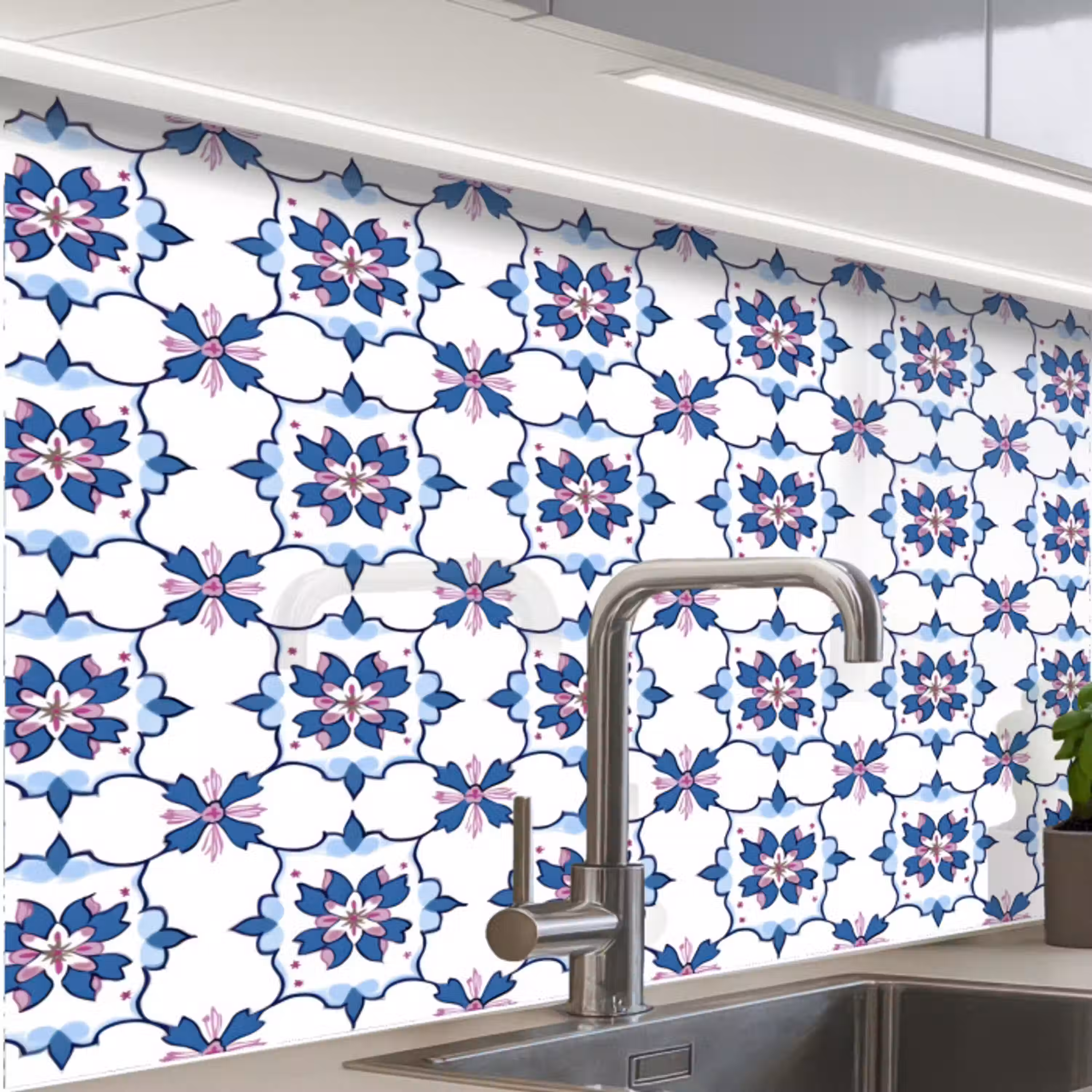 Modern - Patroon - Blauw - Roze keuken achterwand 2 middel 865 -zzzz3d_schuin