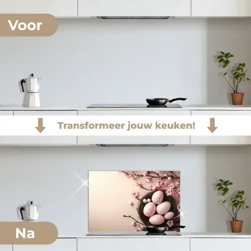 Roze - Bloesems - Eieren keuken achterwand spatscherm klein -voor_na_NL