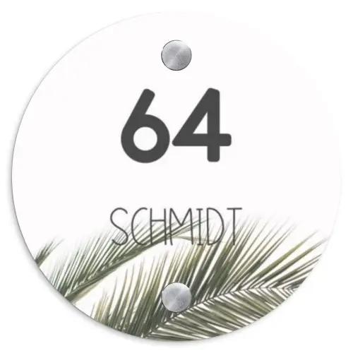 Wit met palmblad - Modern Naambord Rond klein -3d