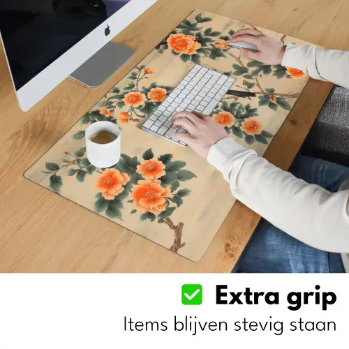 Vogel - Tak - Bloemen - Oranje Muismat XXL klein -sfeer3