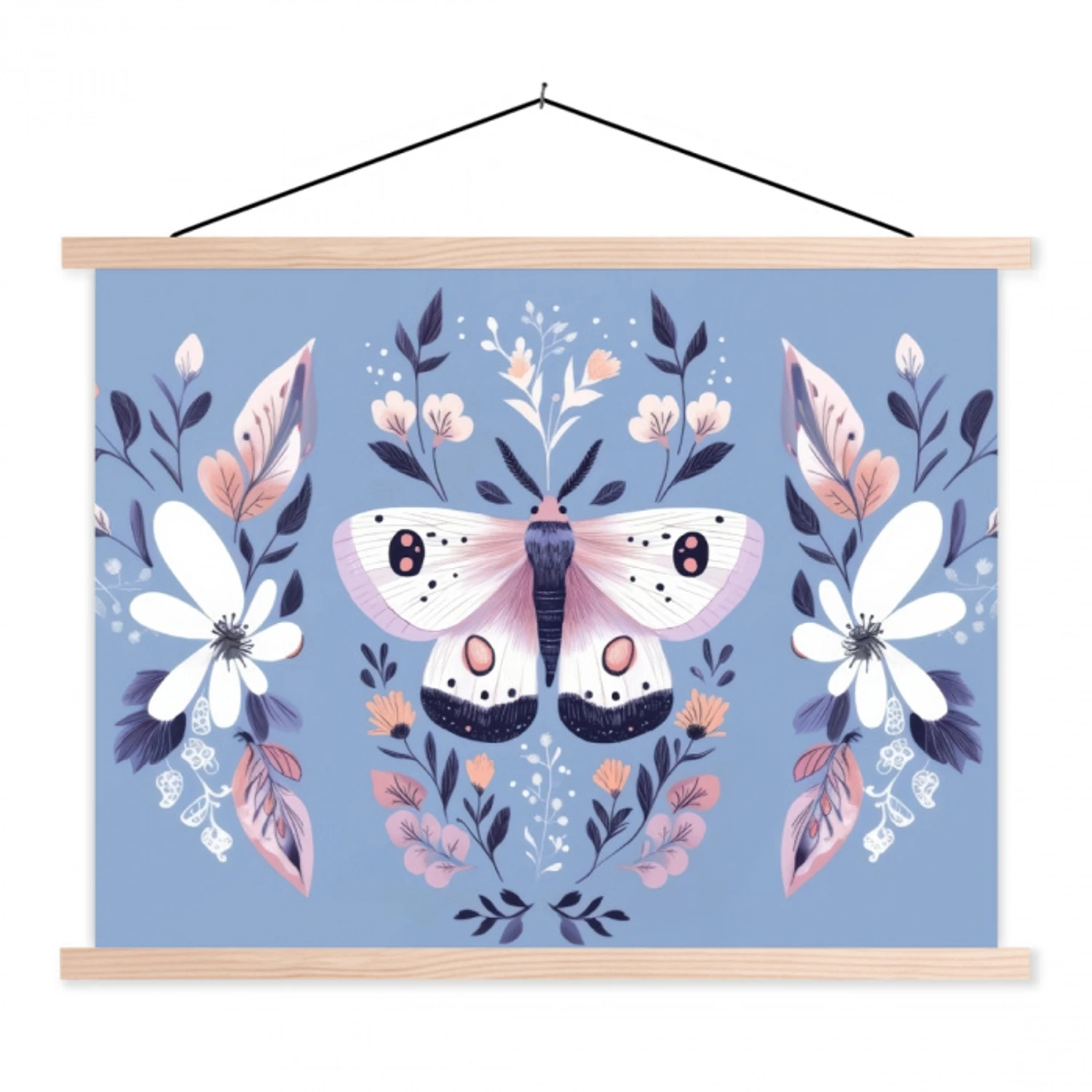 Vlinder - Vleugels - Stippen - Bloemen textielposter latten blank klein -3d