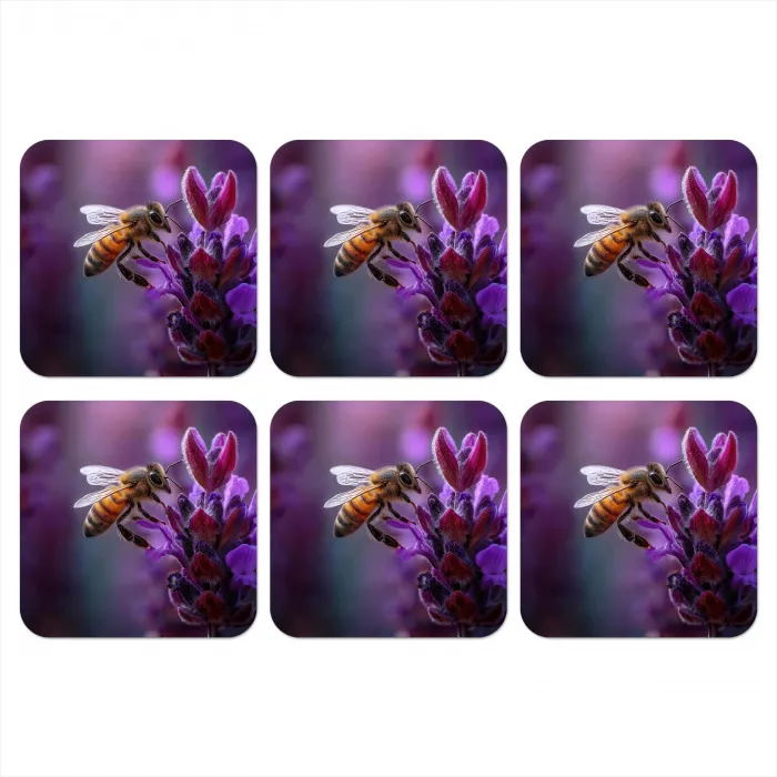 Honingbij - Paarse bloemen - Details onderzetter kurk middel -3d