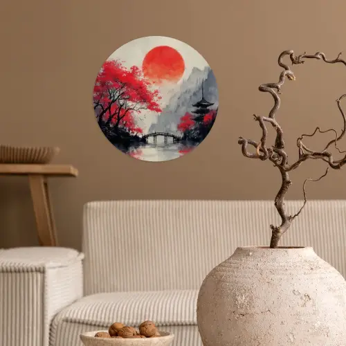 Rode zon - Rivier - brug - Bomen Wandcirkel behangsticker klein -sfeer1