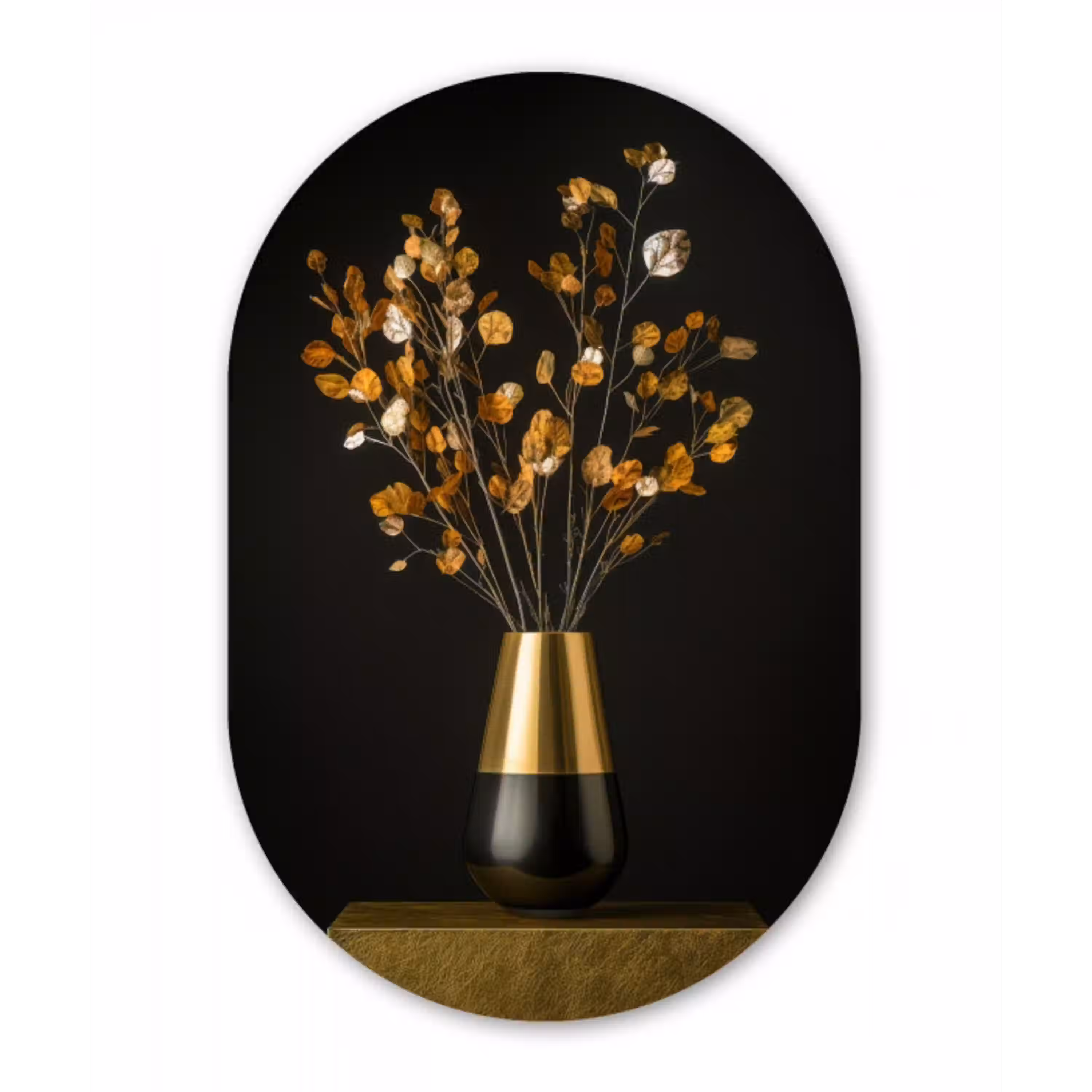 Goudbruine - Bladeren - Vaas - Herfstachtig Wandcirkel Ovaal Aluminium middel -3d