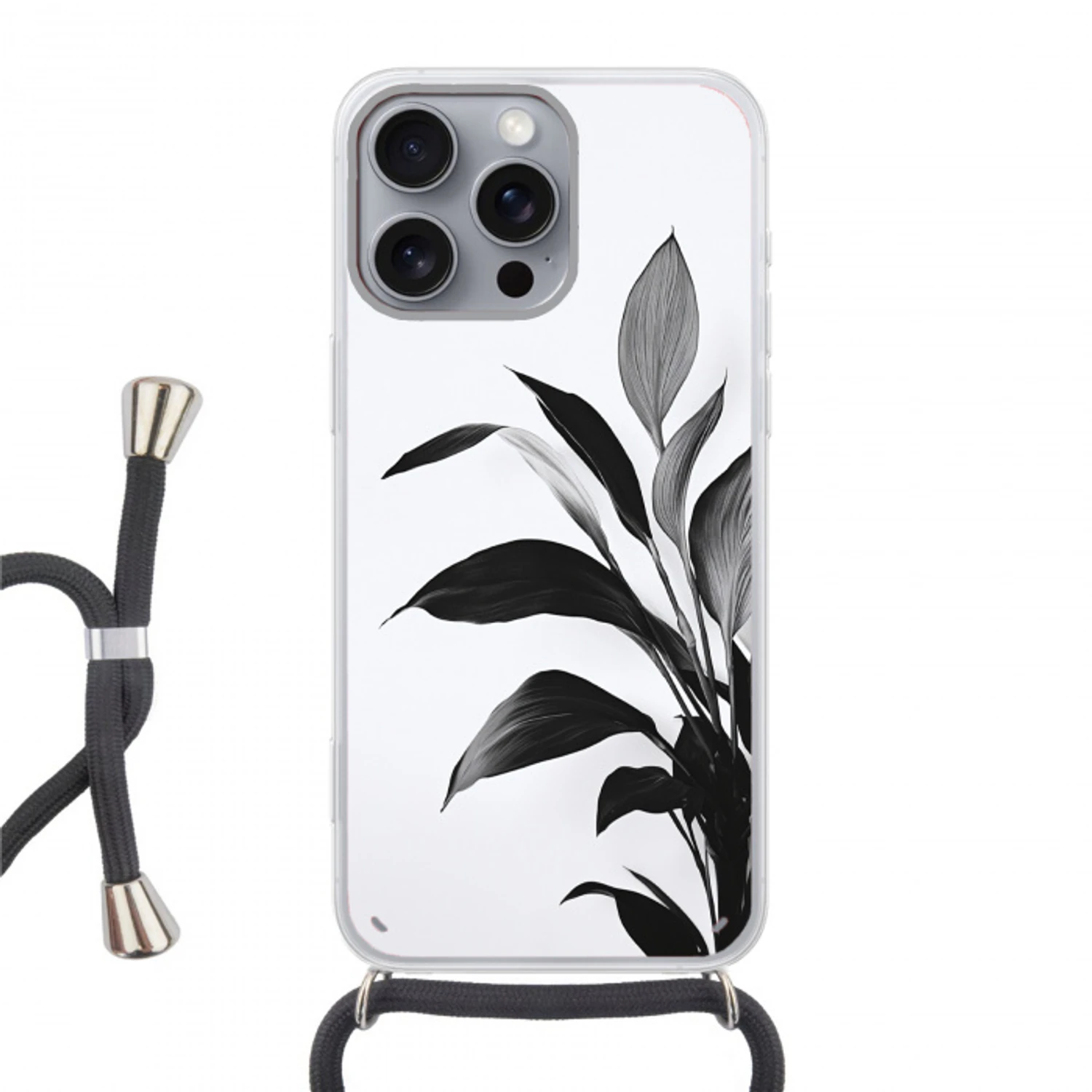 Plant - Bladeren - Minimalistisch - Zwart Hoesje iPhone 16 Pro Max met koord klein -3d