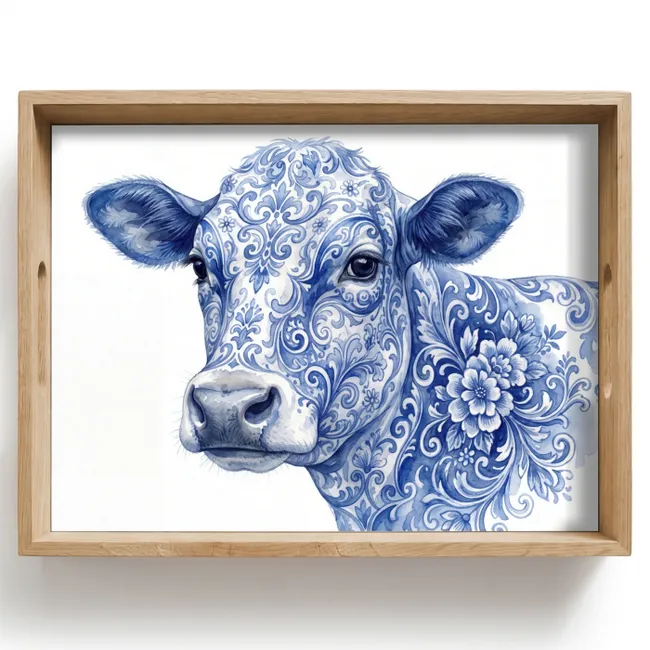 Dienblad - Illustratie - Koe - Blauw