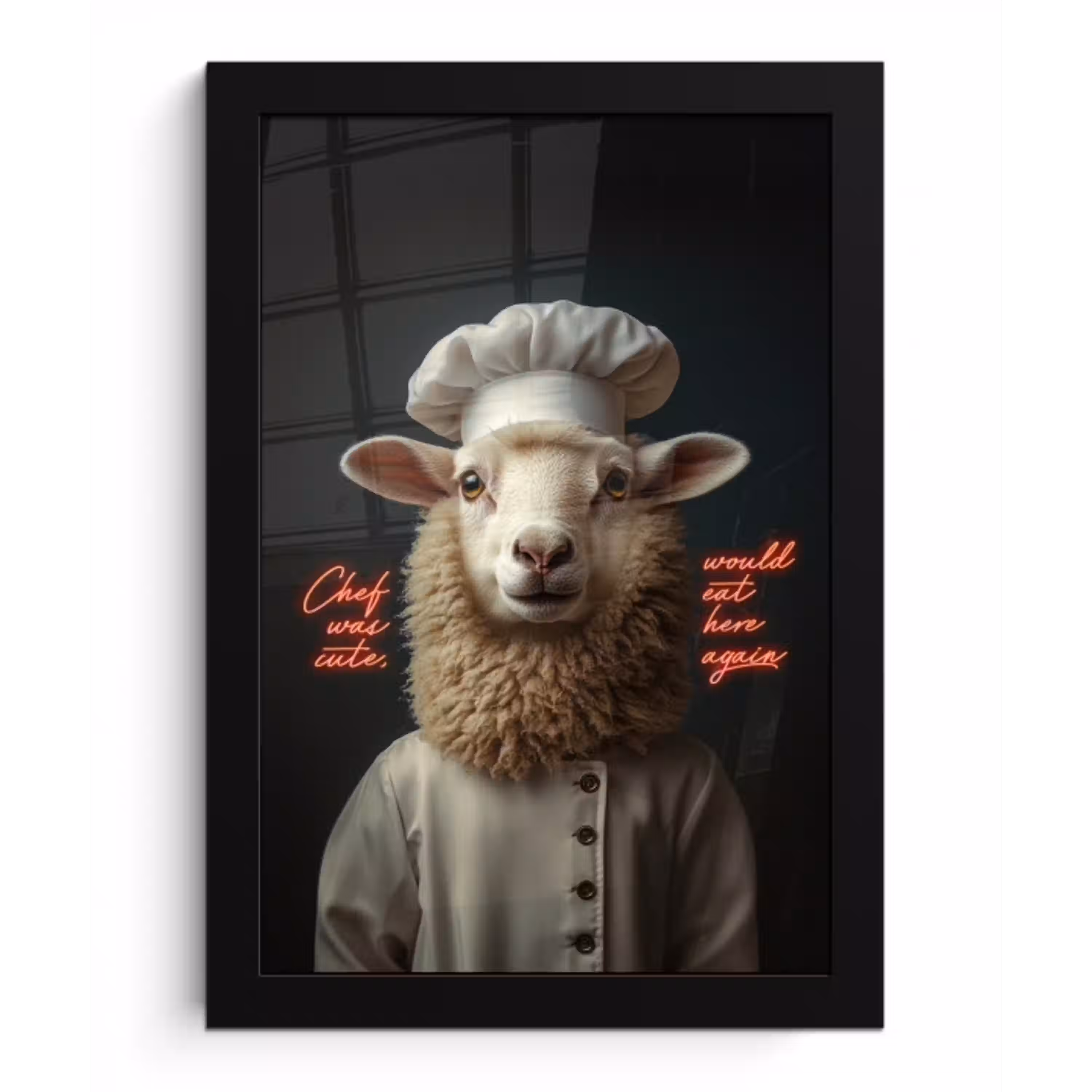 Schaap - Kokskleding - Neon - Quote fotolijst zwart zonder passe partout klein -3d