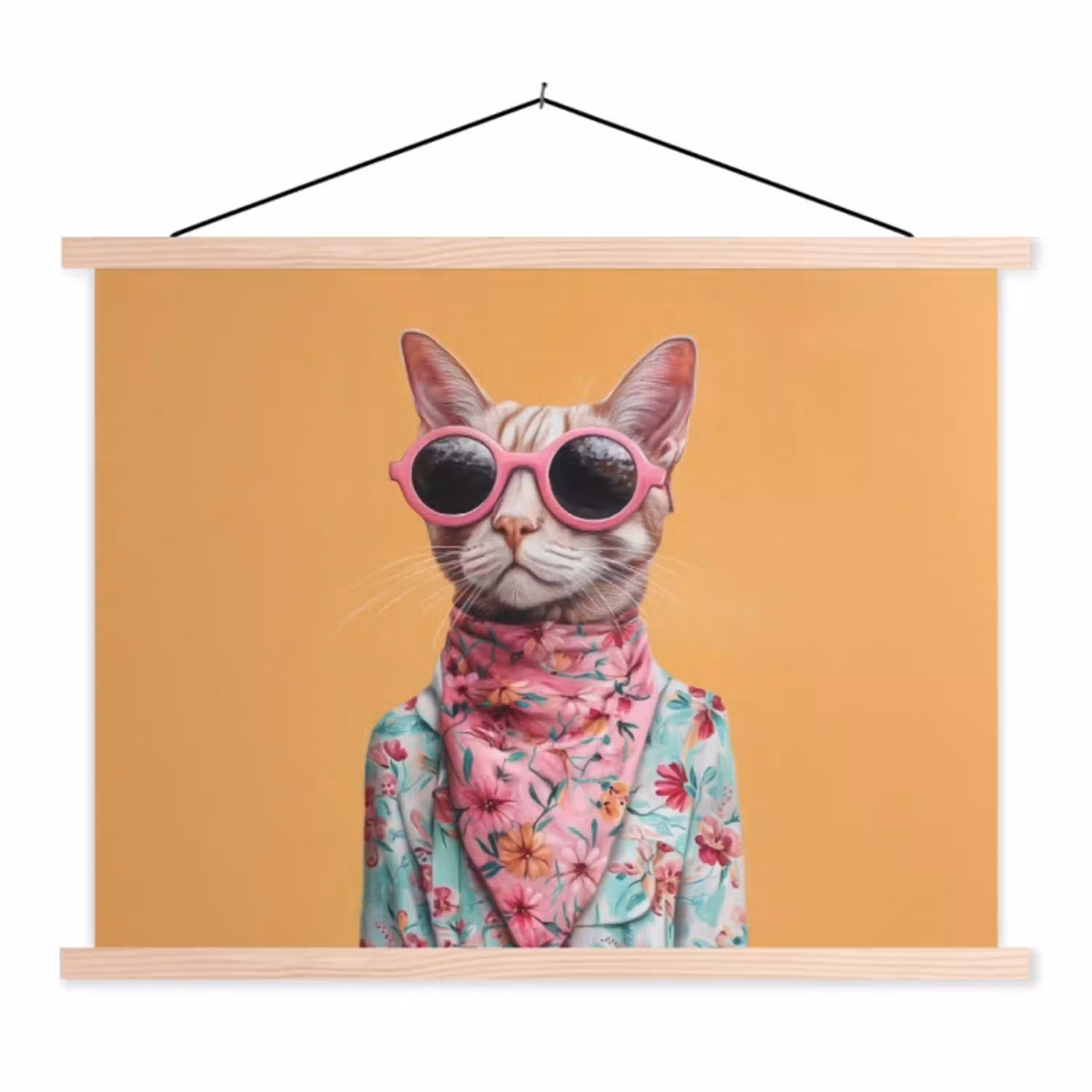 Zonnebril - Kat - Sjaal - Bloemen textielposter latten blank klein -3d