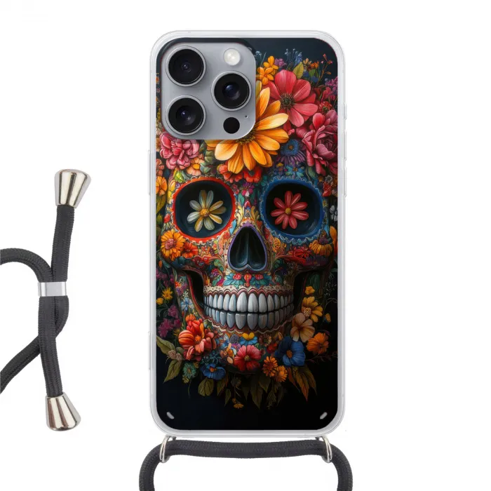 Bloemen - Kleurrijk - Schedel Hoesje iPhone 16 Pro Max met koord klein -3d