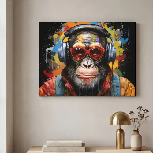Chimpansee - Aap - dieren - Graffiti - Bril - Koptelefoon - Kleuren Textielframe - compleet frame klein -sfeer2
