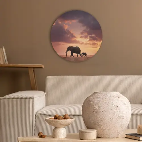 Olifanten - Grasland - Zonsondergang Akoestische PET Vilt - Rond klein -sfeer1