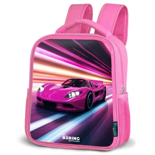 Roze raceauto flitst door neonlicht Kinderrugzak - Roze middel -schuin