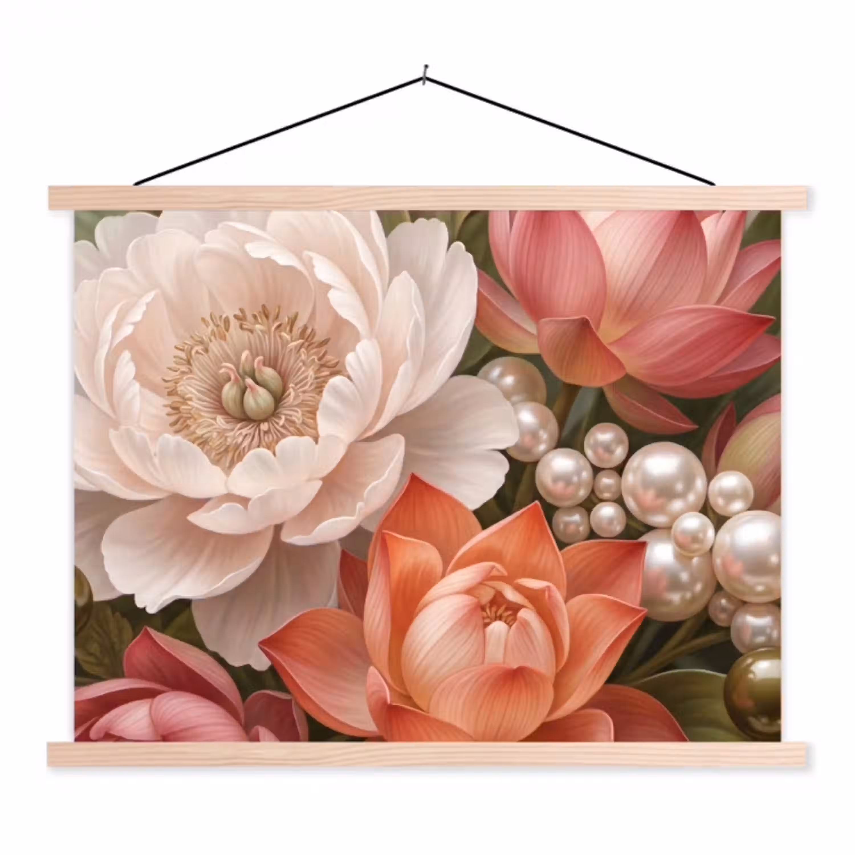 Bloemen - Parels - Elegant - Roze - Wit textielposter latten blank klein -3d