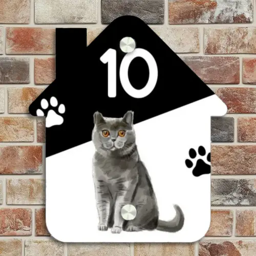 Zwart wit - Huisdier - Grijze kat Naambord Huisje klein -sfeer6