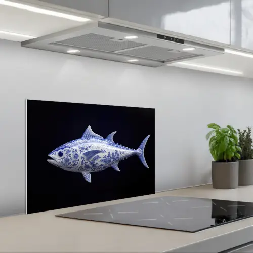 Porselein - Tonijn - Delfts - Blauw keuken achterwand spatscherm klein -3d_schuin