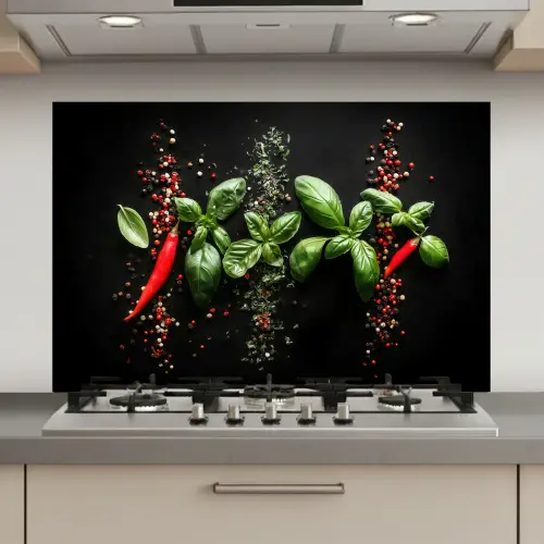 Chilipepers - Basilicum - Blaadjes - Rood keuken achterwand spatscherm klein -3d_website