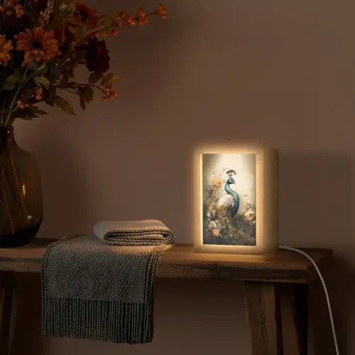 Pauw - Pauwenveren - Bloemen - Vogels - Botanisch Light Box met kabel (Tafellamp) klein -sfeer4
