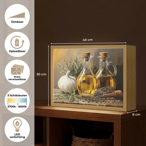 Stilleven - Olijfolie - Knoflook - Kruiden Light Box met batterij (Wandlamp) middel -USP_websiteoverzichtNL