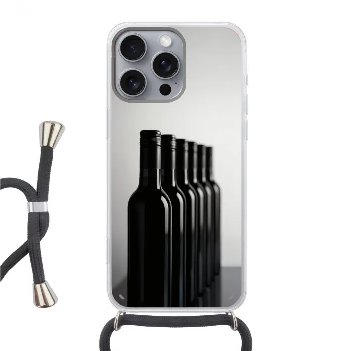 Wijnflessen - Zwart - Minimalistisch Hoesje iPhone 16 Pro Max met koord klein -3d