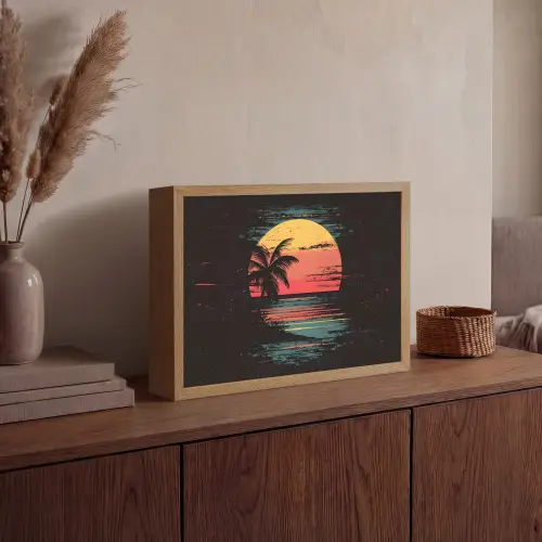 Strand - Minimalistisch - Zon - Oranje Light Box met batterij (Wandlamp) middel -sfeer2
