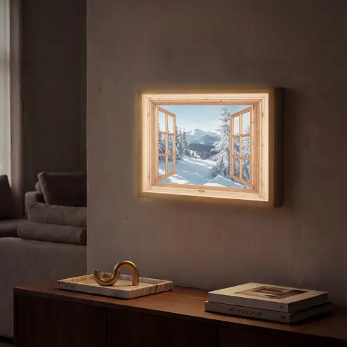 Doorkijk - Winterlandschap - Natuur - Berg - Bomen - Hout Light Box met batterij (Wandlamp) middel -sfeer1