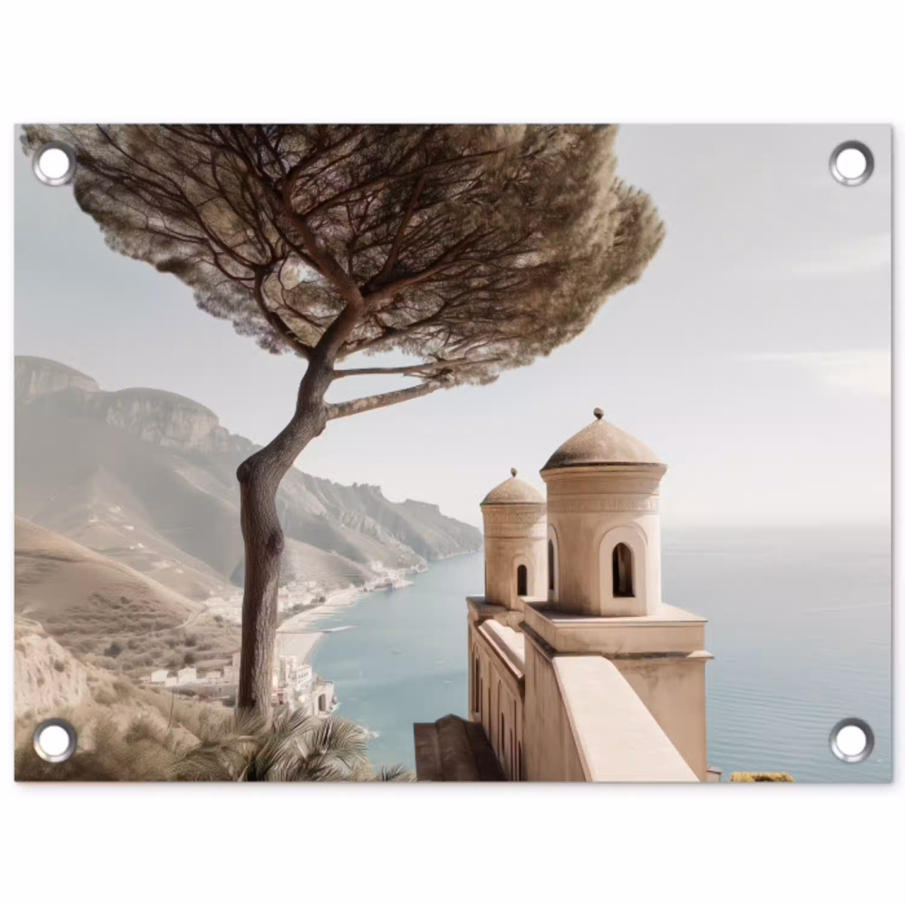 Kust - Klif - Boom - Gebouw tuinposter los doek klein -3d
